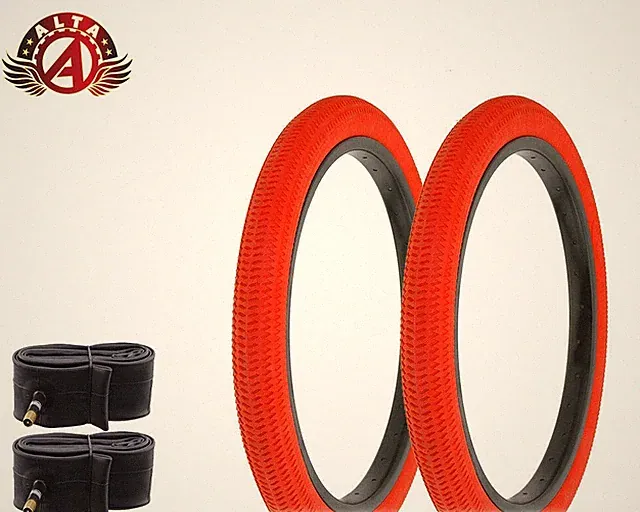 2 ALTA BICYCLE WIRE BEAD TIRE 18" X 1.95 RED BMX/FREESTYLE TREAD W/TUBES.
