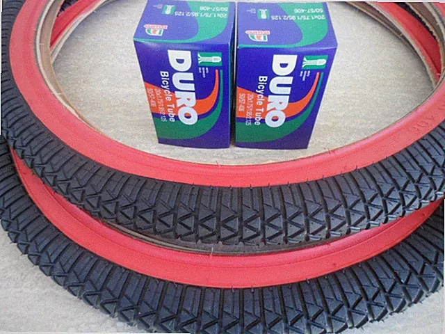 20 x 1.95 BMX Bike Tires for Street Road Slick Includes Tubes NEW Red Wall 20"
