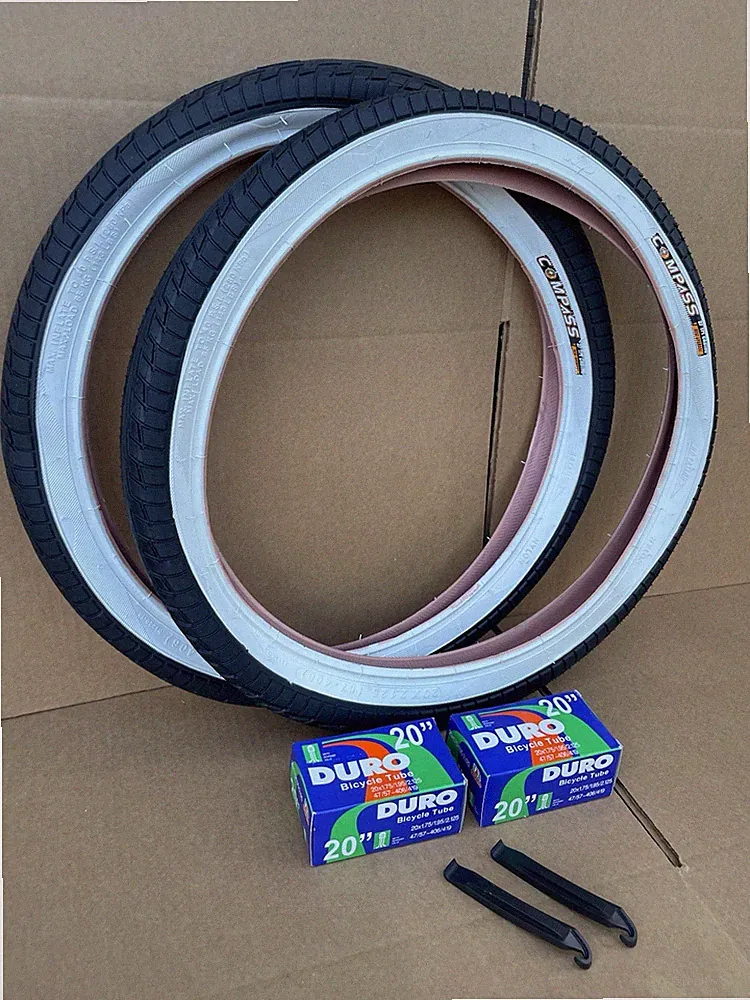 20'' x 2.125 Bicycle Tires, Tubes COMPASS Street Slick Freestyle BMX White Walls