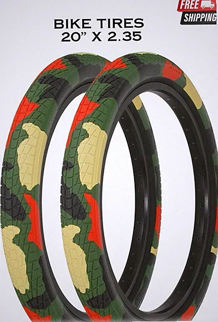 PAIR 20 x 2.35 BMX Street Fat Bike Tires Camo Wood Land Green Army Slick Style